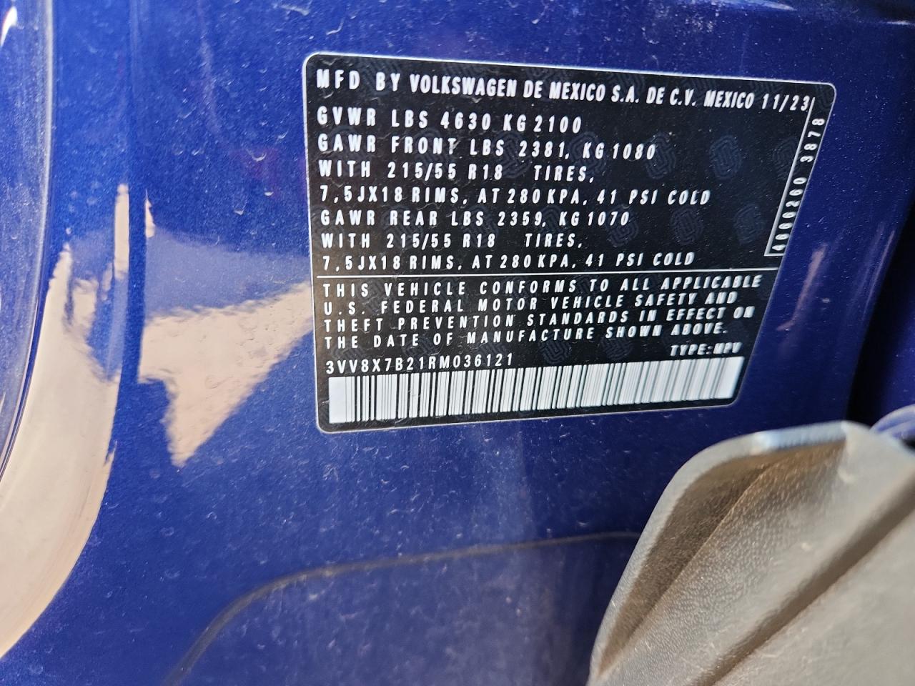 2024 Volkswagen Taos S VIN: 3VV8X7B21RM036121 Lot: 92115455