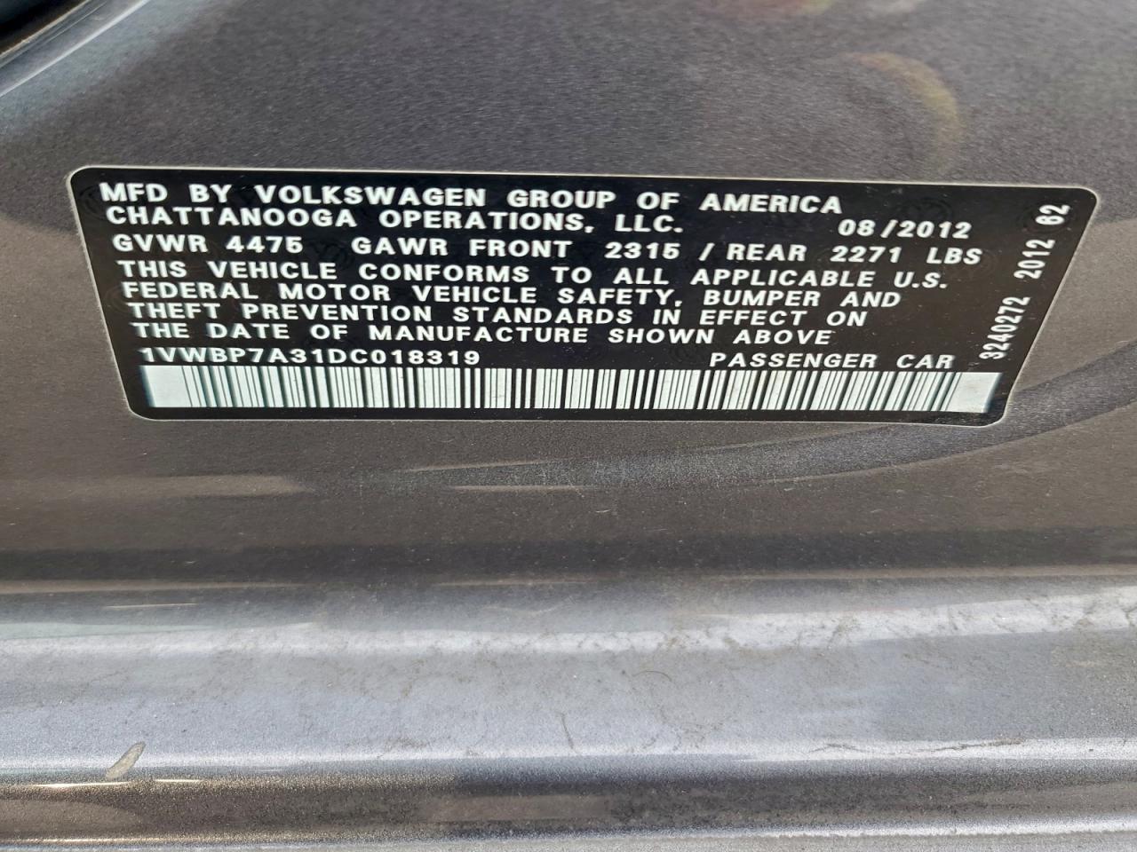 2013 Volkswagen Passat Se VIN: 1VWBP7A31DC018319 Lot: 94028455