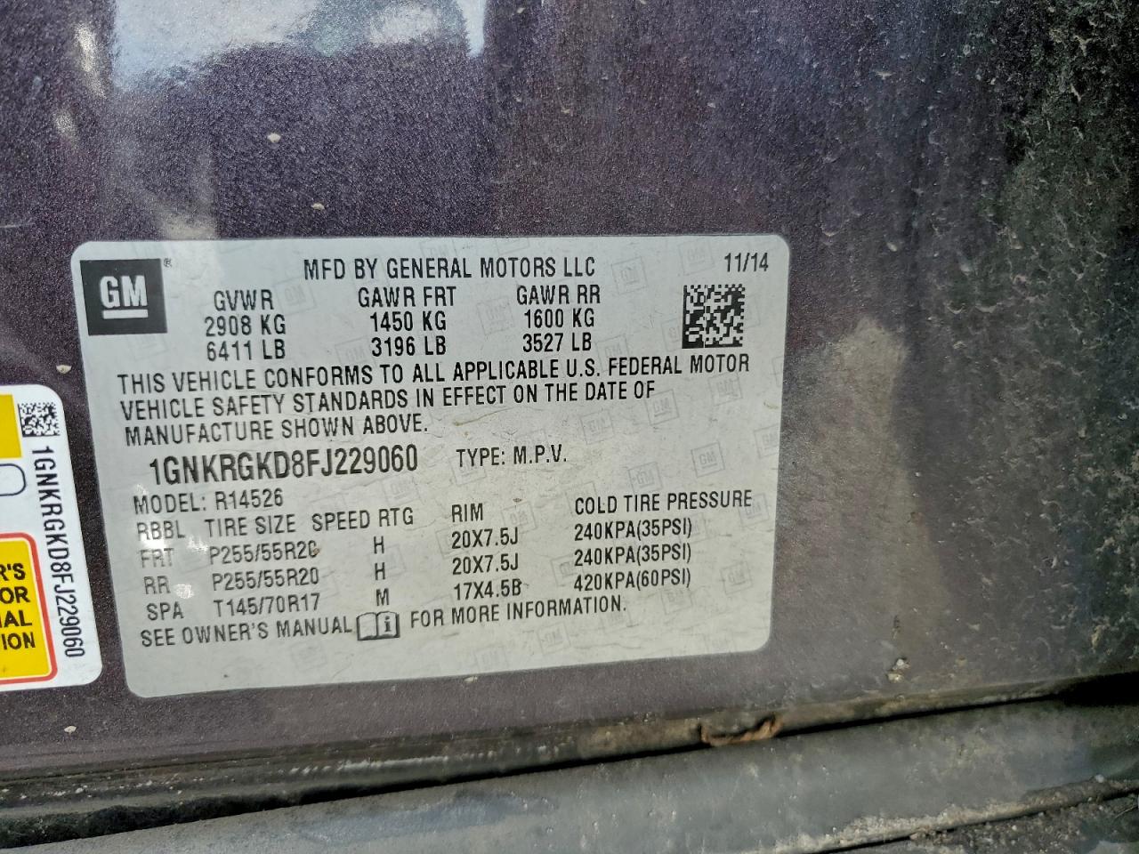 2015 Chevrolet Traverse Lt VIN: 1GNKRGKD8FJ229060 Lot: 94099755