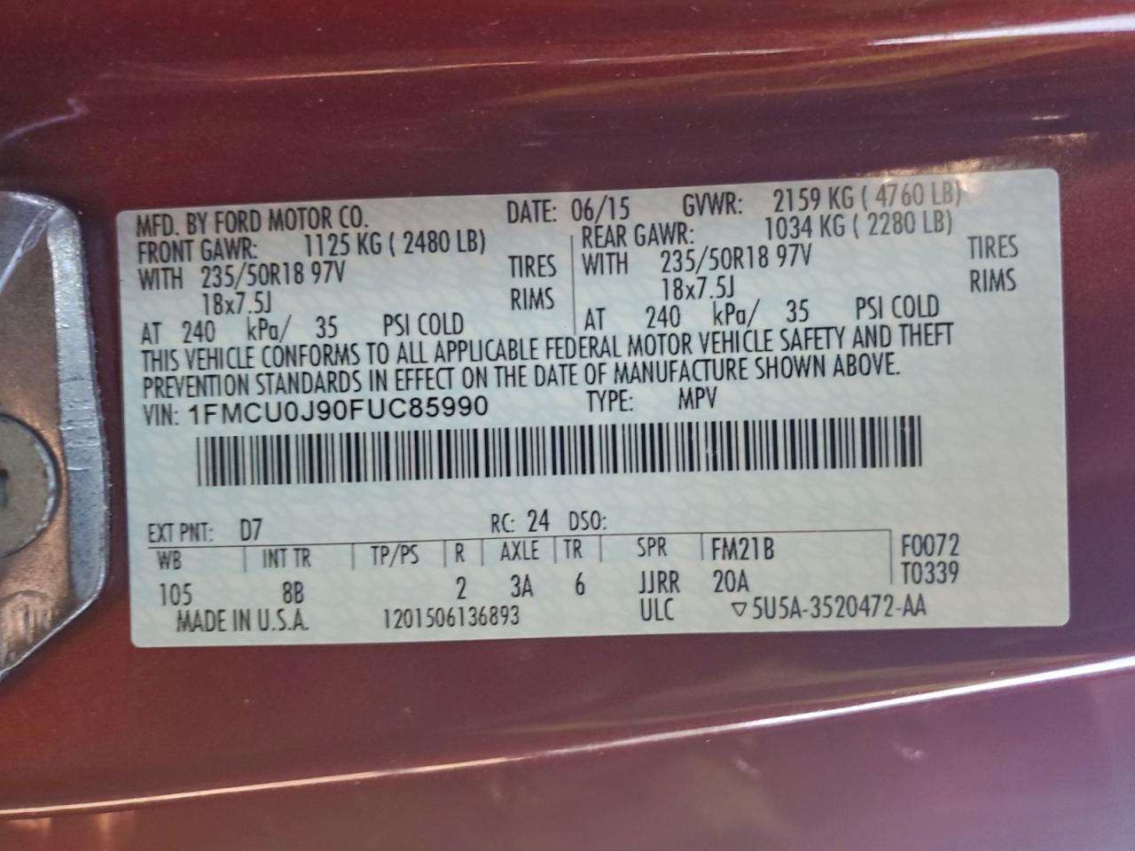 2015 Ford Escape Titanium VIN: 1FMCU0J90FUC85990 Lot: 93896875