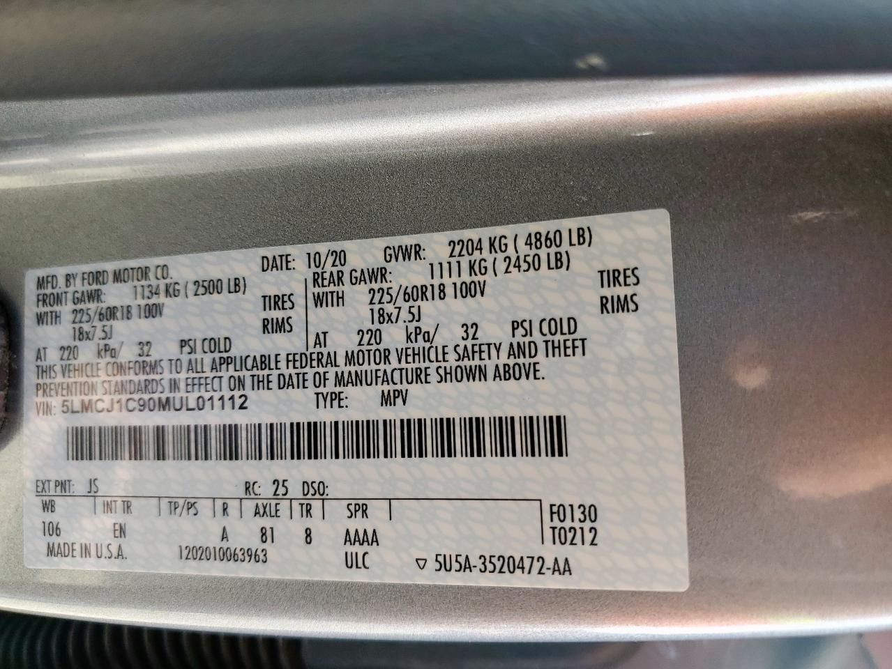 2021 Lincoln Corsair VIN: 5LMCJ1C90MUL01112 Lot: 91685115