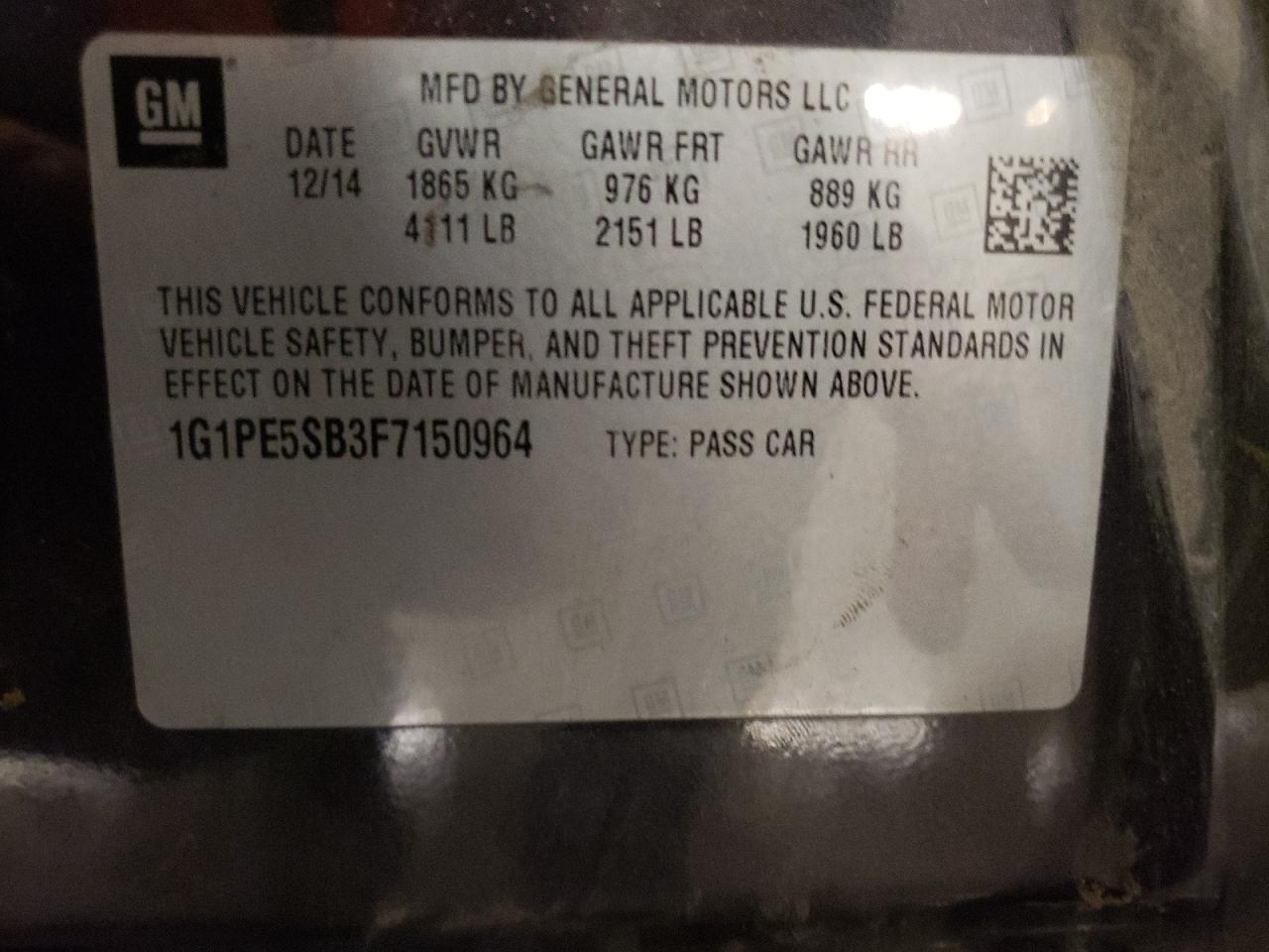 2015 Chevrolet Cruze Lt VIN: 1G1PE5SB3F7150964 Lot: 92905735