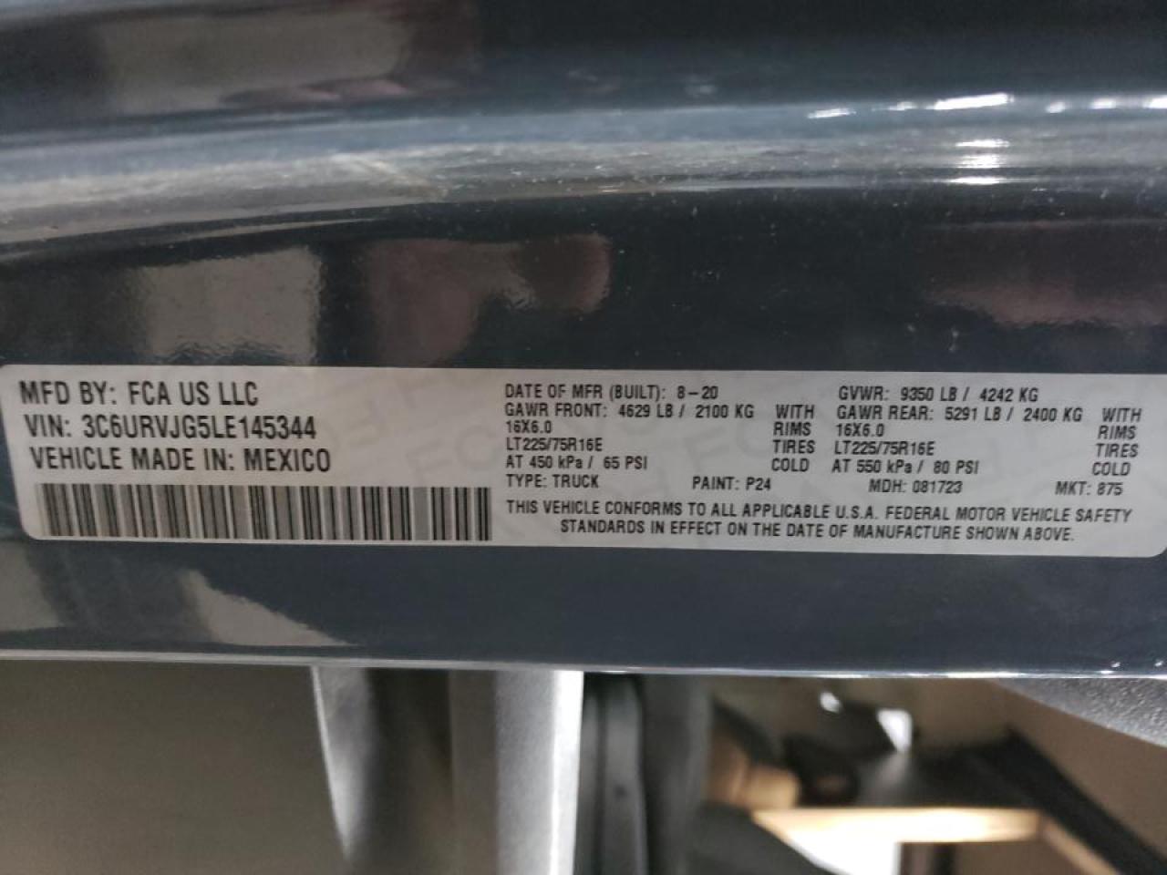 2020 Ram Promaster 3500 Delivery Van VIN: 3C6URVJG5LE145344 Lot: 87413615