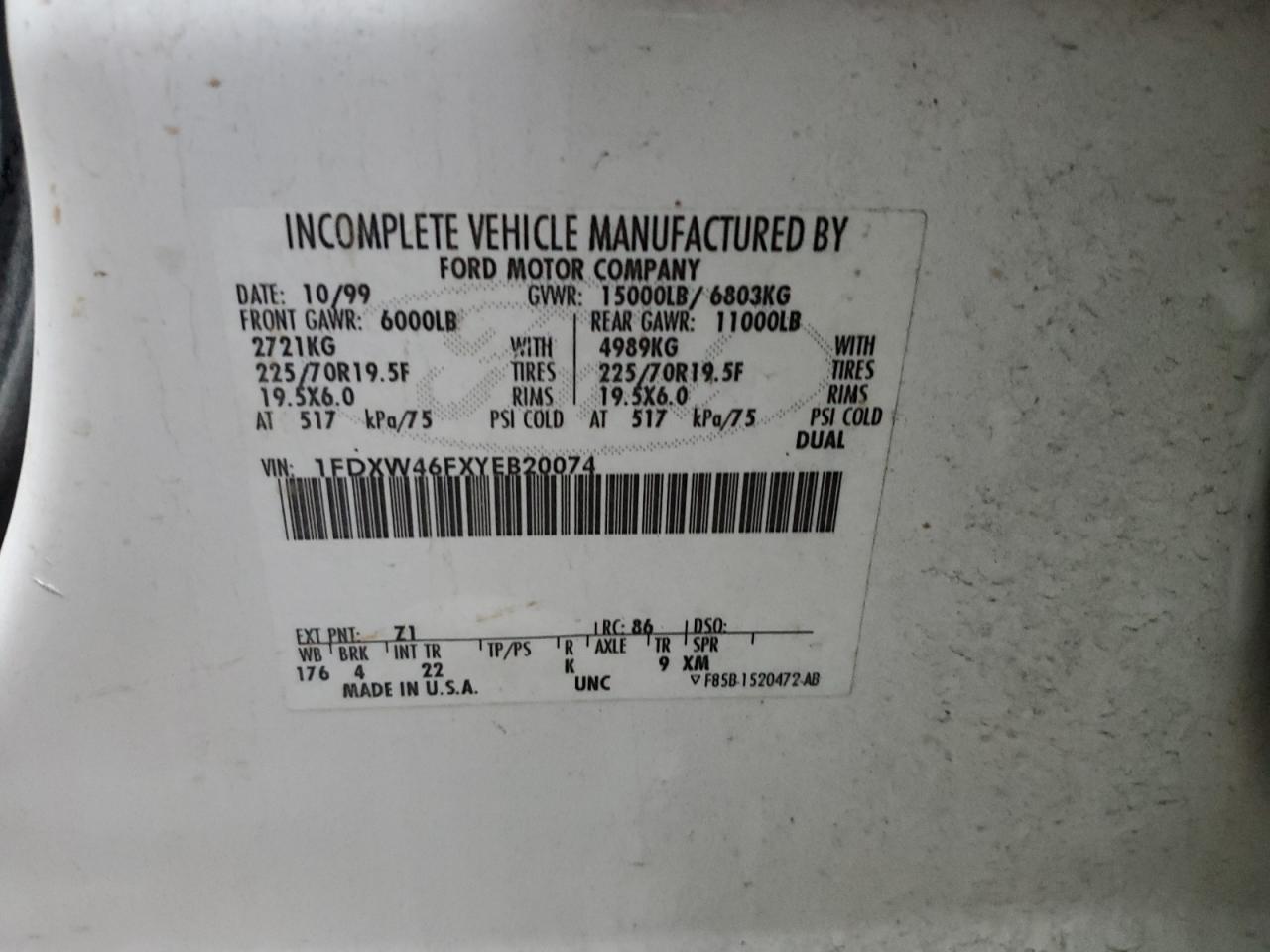 2000 Ford F450 Super Duty VIN: 1FDXW46FXYEB20074 Lot: 91498545