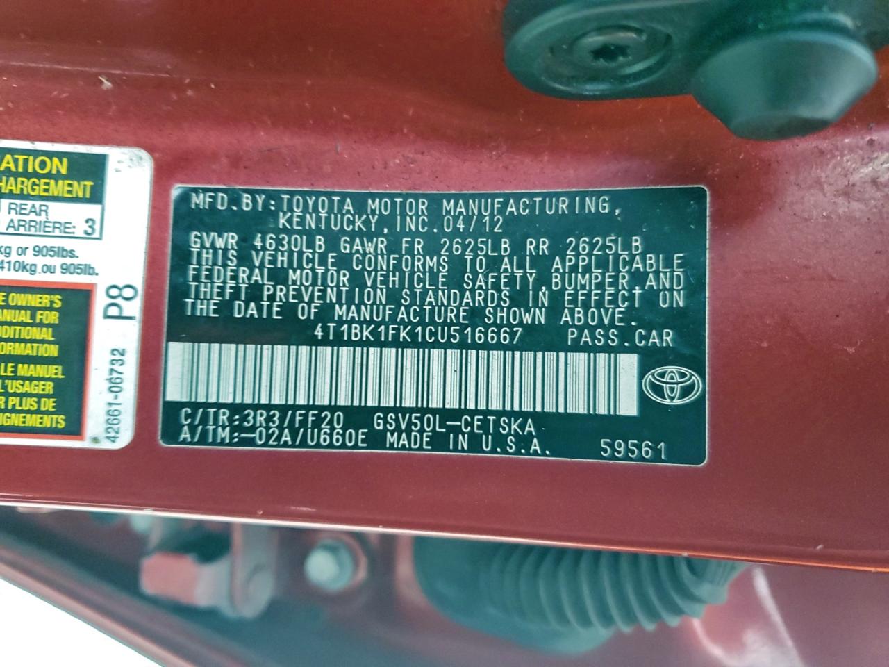 2012 Toyota Camry Se VIN: 4T1BK1FK1CU516667 Lot: 94588335