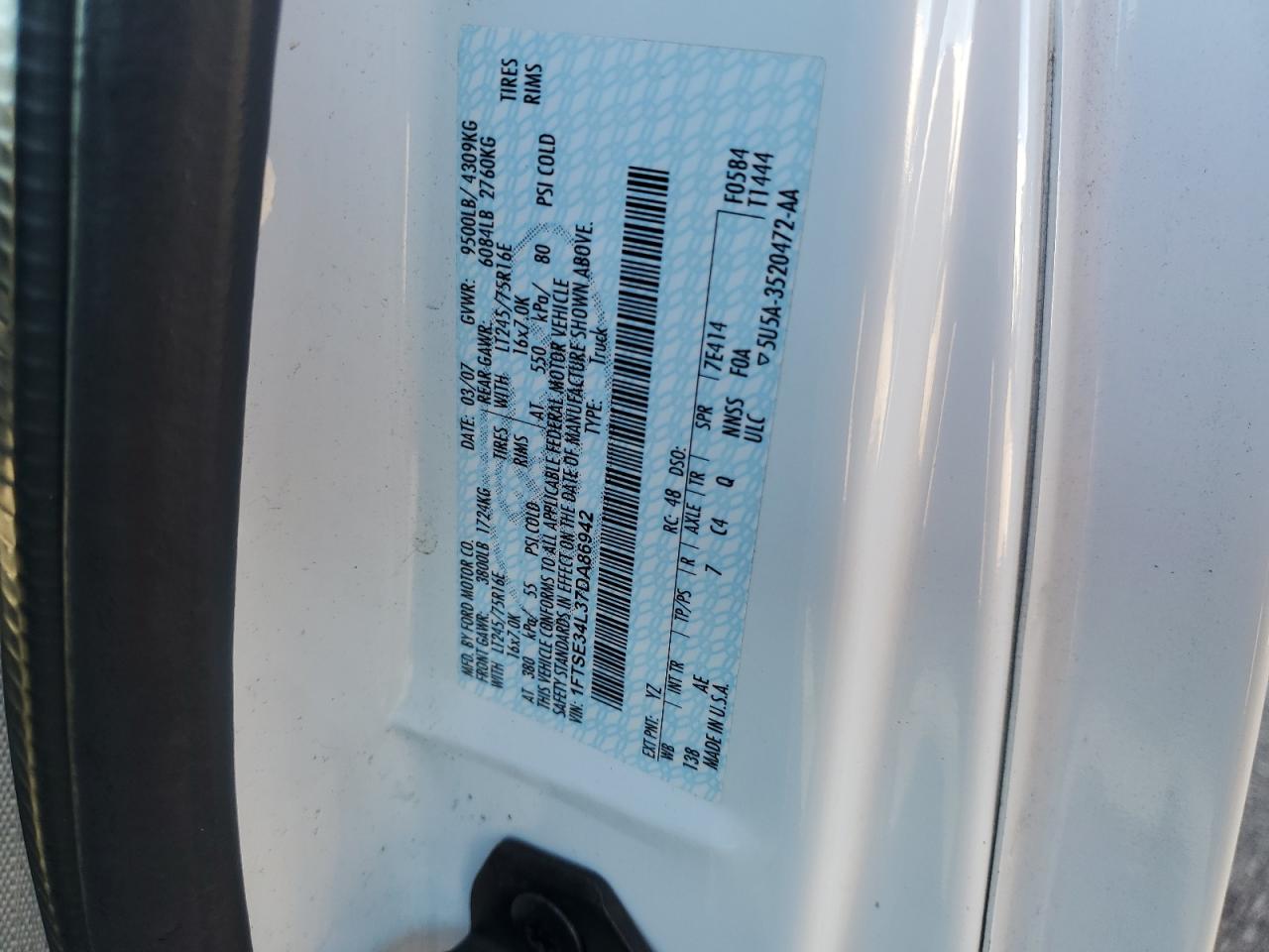 2007 Ford E-350 Delivery Van VIN: 1FTSE34L37DA86942 Lot: 90423105