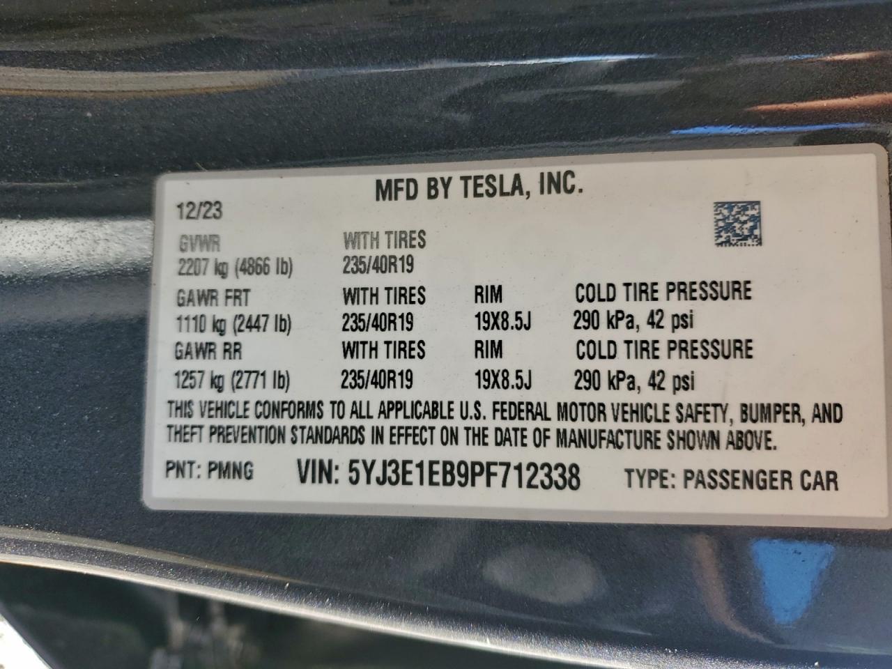2023 Tesla Model 3 VIN: 5YJ3E1EB9PF712338 Lot: 93783895
