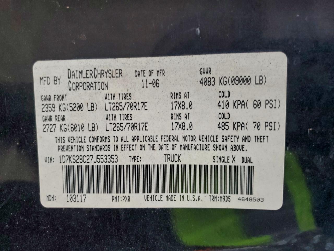 2007 Dodge Ram 2500 St VIN: 1D7KS28C27J553353 Lot: 92019865
