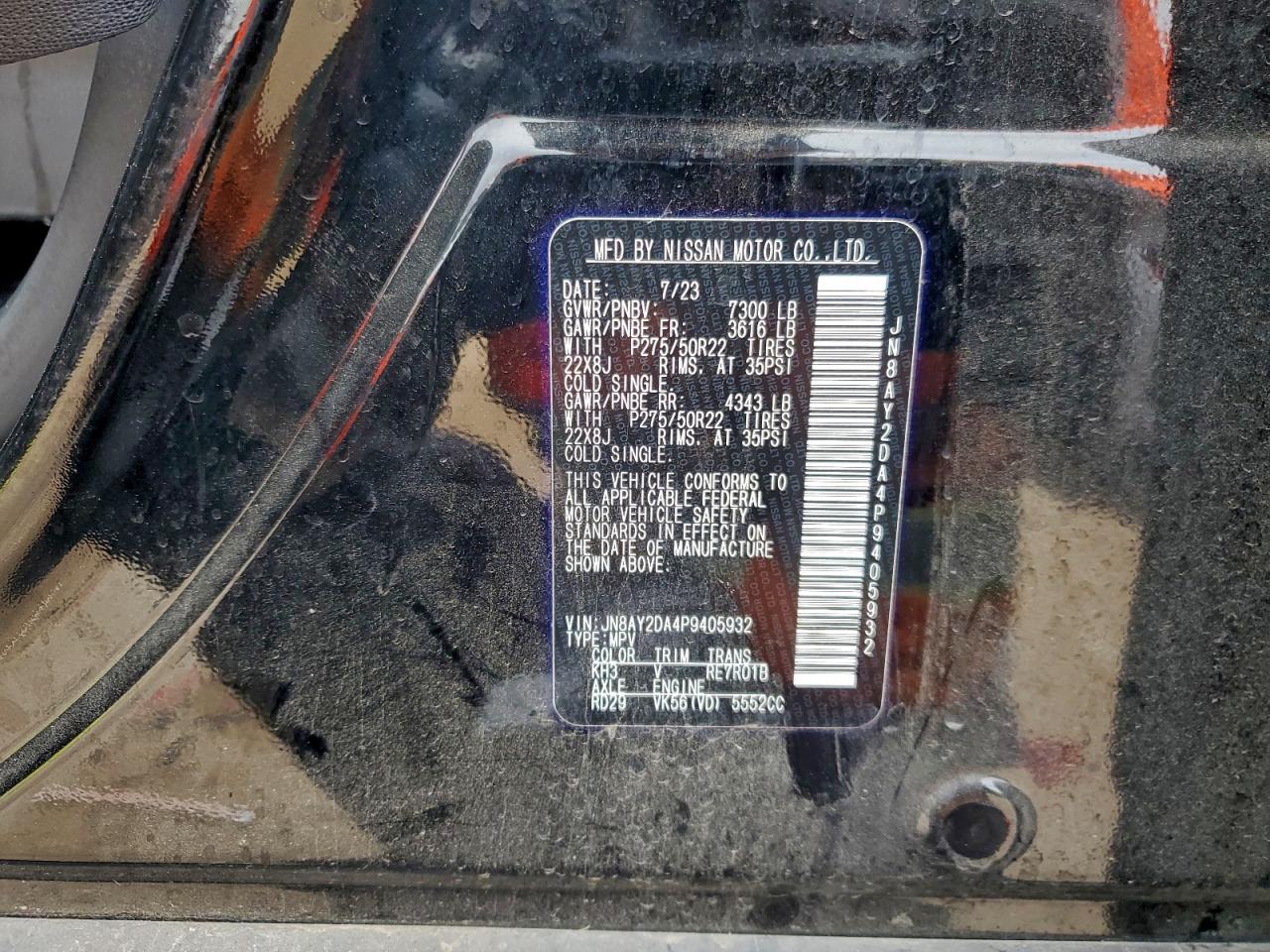 2023 Nissan Armada Platinum VIN: JN8AY2DA4P9405932 Lot: 94270985