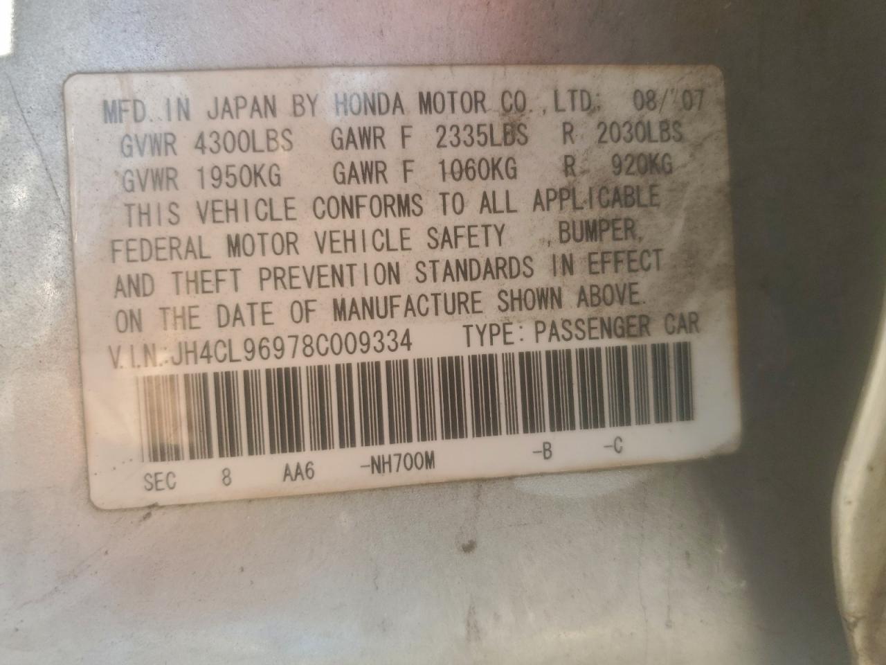 2008 Acura Tsx VIN: JH4CL96978C009334 Lot: 94641595