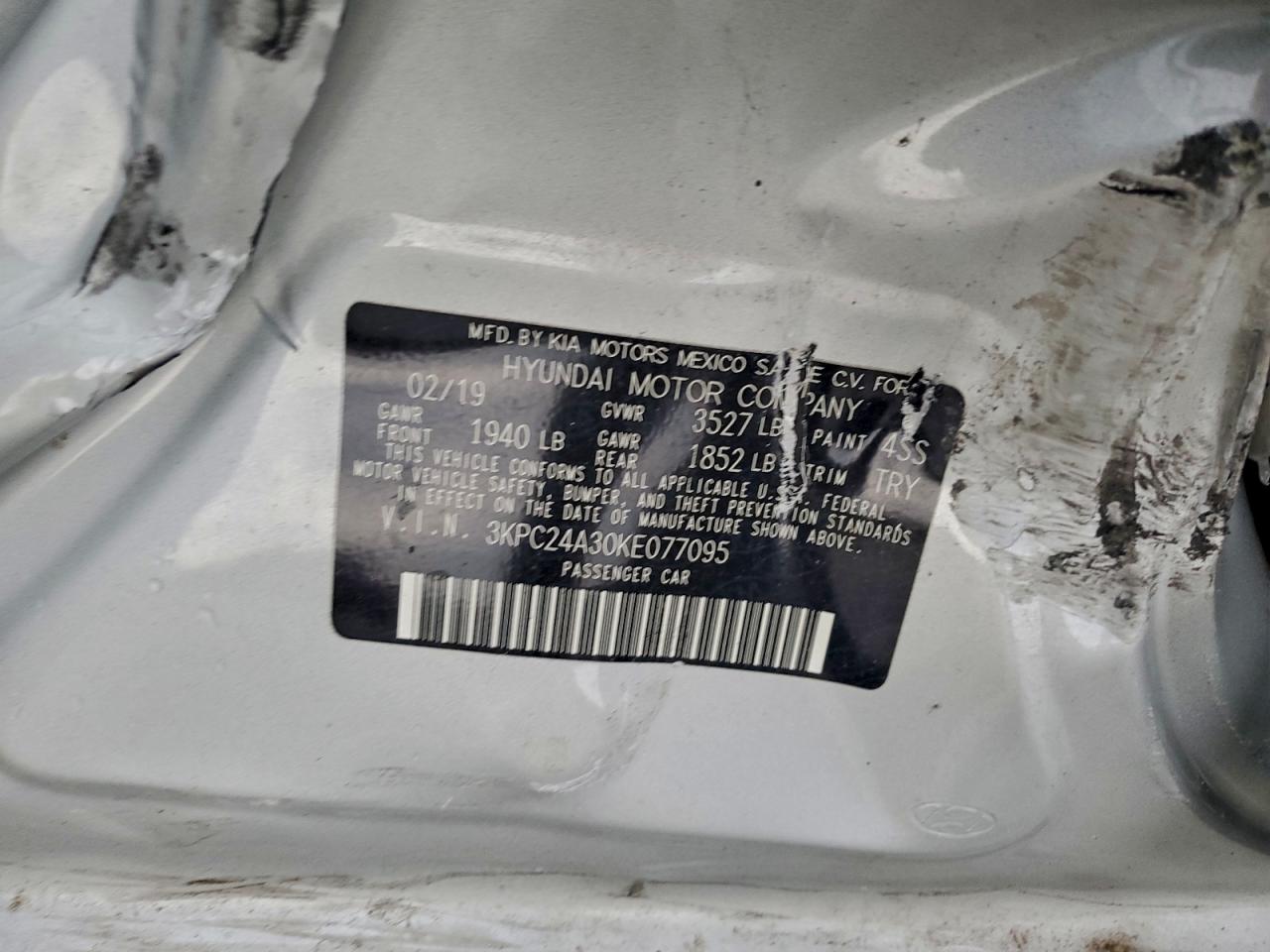 2019 Hyundai Accent Se VIN: 3KPC24A30KE077095 Lot: 94057305