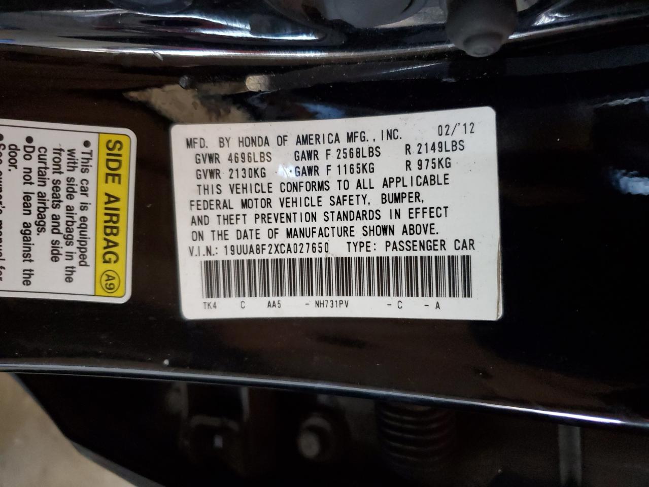 2012 Acura Tl VIN: 19UUA8F2XCA027650 Lot: 93456865