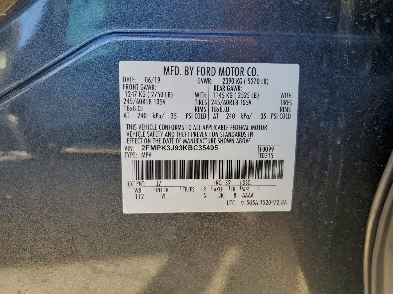 2019 Ford Edge Sel VIN: 2FMPK3J93KBC35495 Lot: 94432465