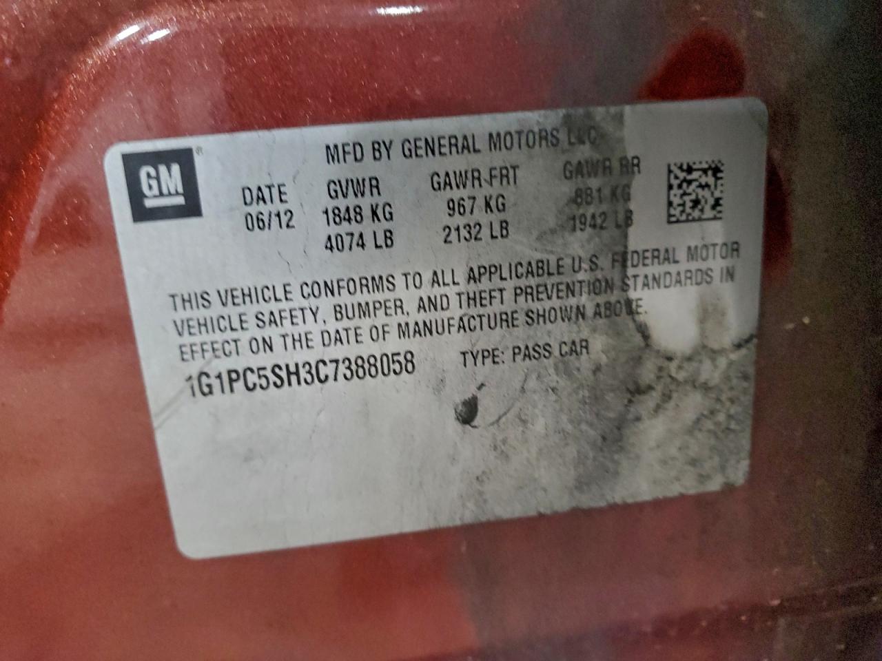 2012 Chevrolet Cruze Ls VIN: 1G1PC5SH3C7388058 Lot: 94343435