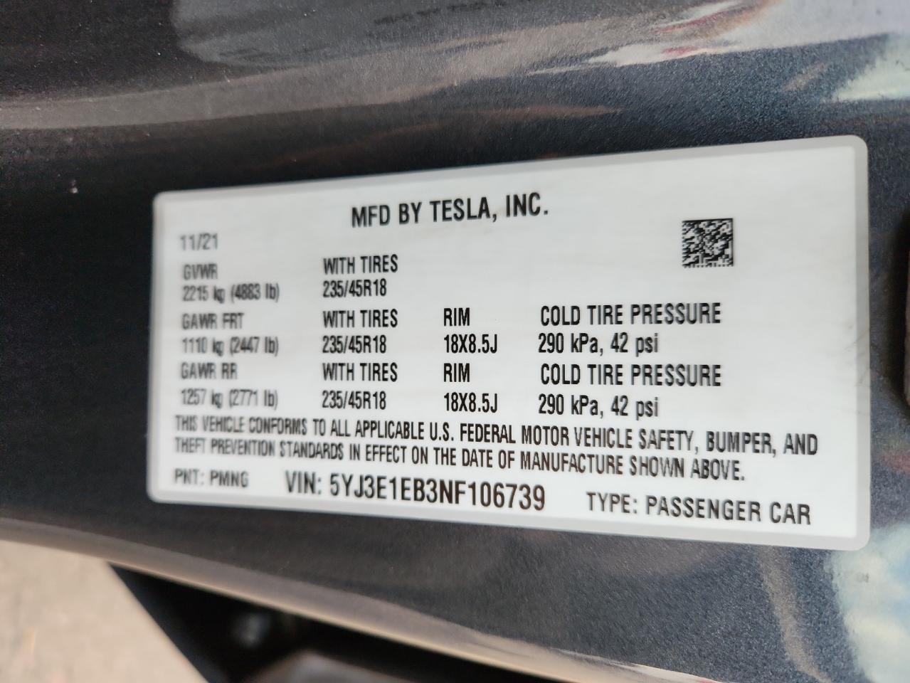 2022 Tesla Model 3 VIN: 5YJ3E1EB3NF106739 Lot: 91416165