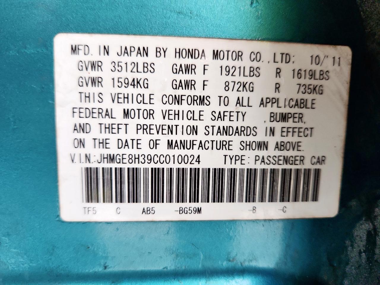 2012 Honda Fit VIN: JHMGE8H39CC010024 Lot: 93739085