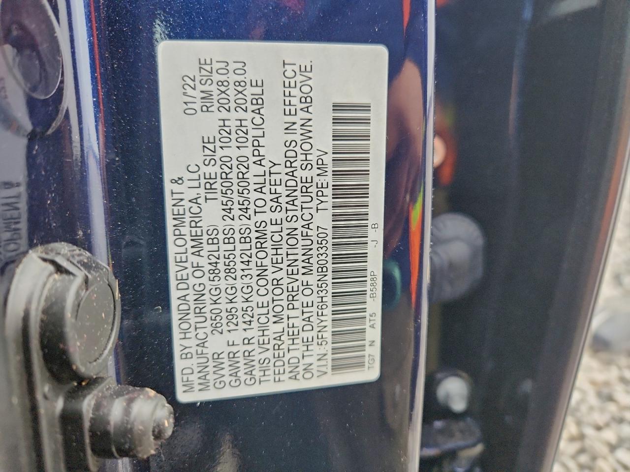 2022 Honda Pilot Sport VIN: 5FNYF6H35NB033507 Lot: 93809455