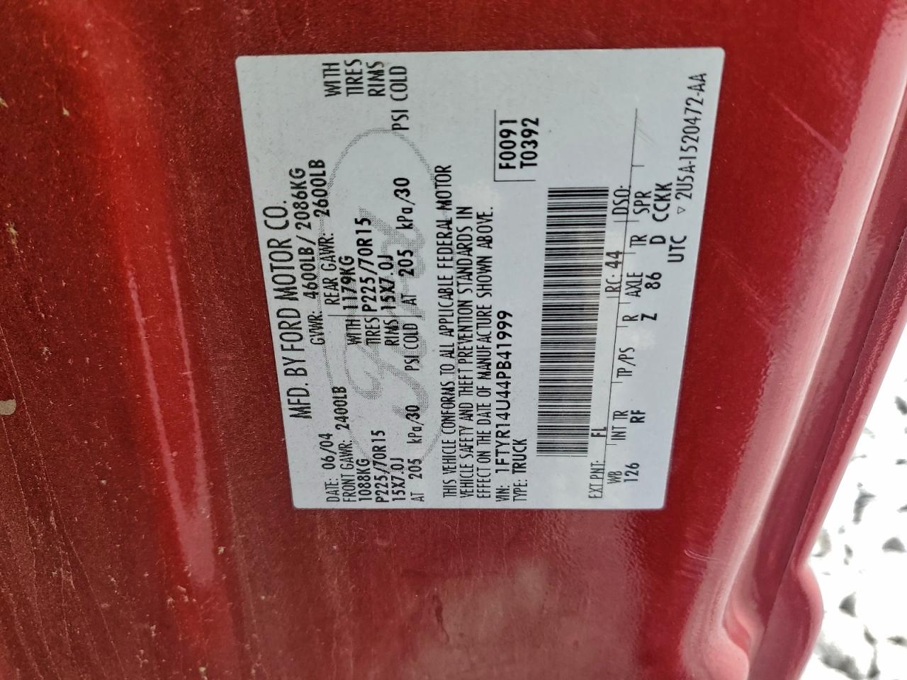 2004 Ford Ranger Super Cab VIN: 1FTYR14U44PB41999 Lot: 93830825