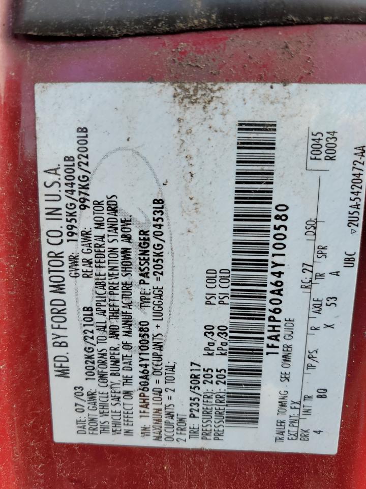 2004 Ford Thunderbird VIN: 1FAHP60A64Y100580 Lot: 92193995