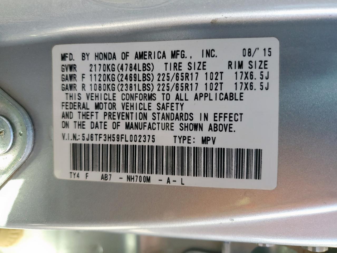 2015 Honda Crosstour Exl VIN: 5J6TF3H59FL002375 Lot: 92358105