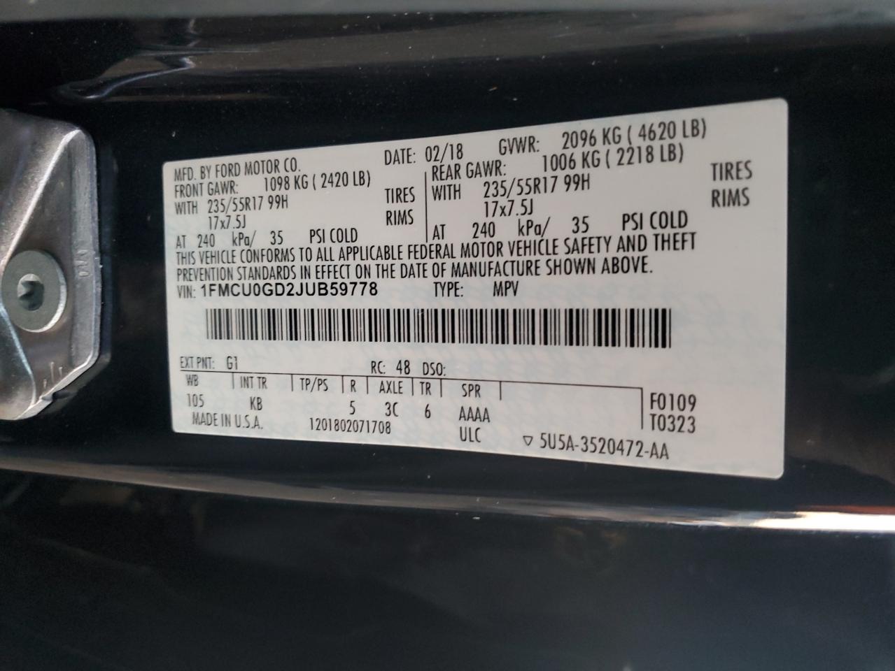 2018 Ford Escape Se VIN: 1FMCU0GD2JUB59778 Lot: 93009725