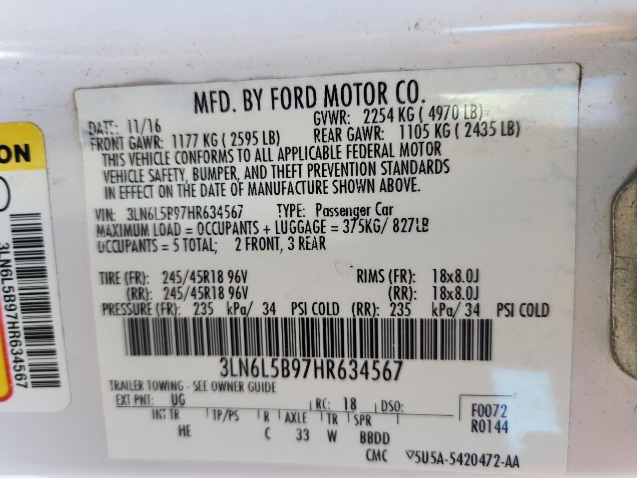 2017 Lincoln Mkz Premiere VIN: 3LN6L5B97HR634567 Lot: 91427845