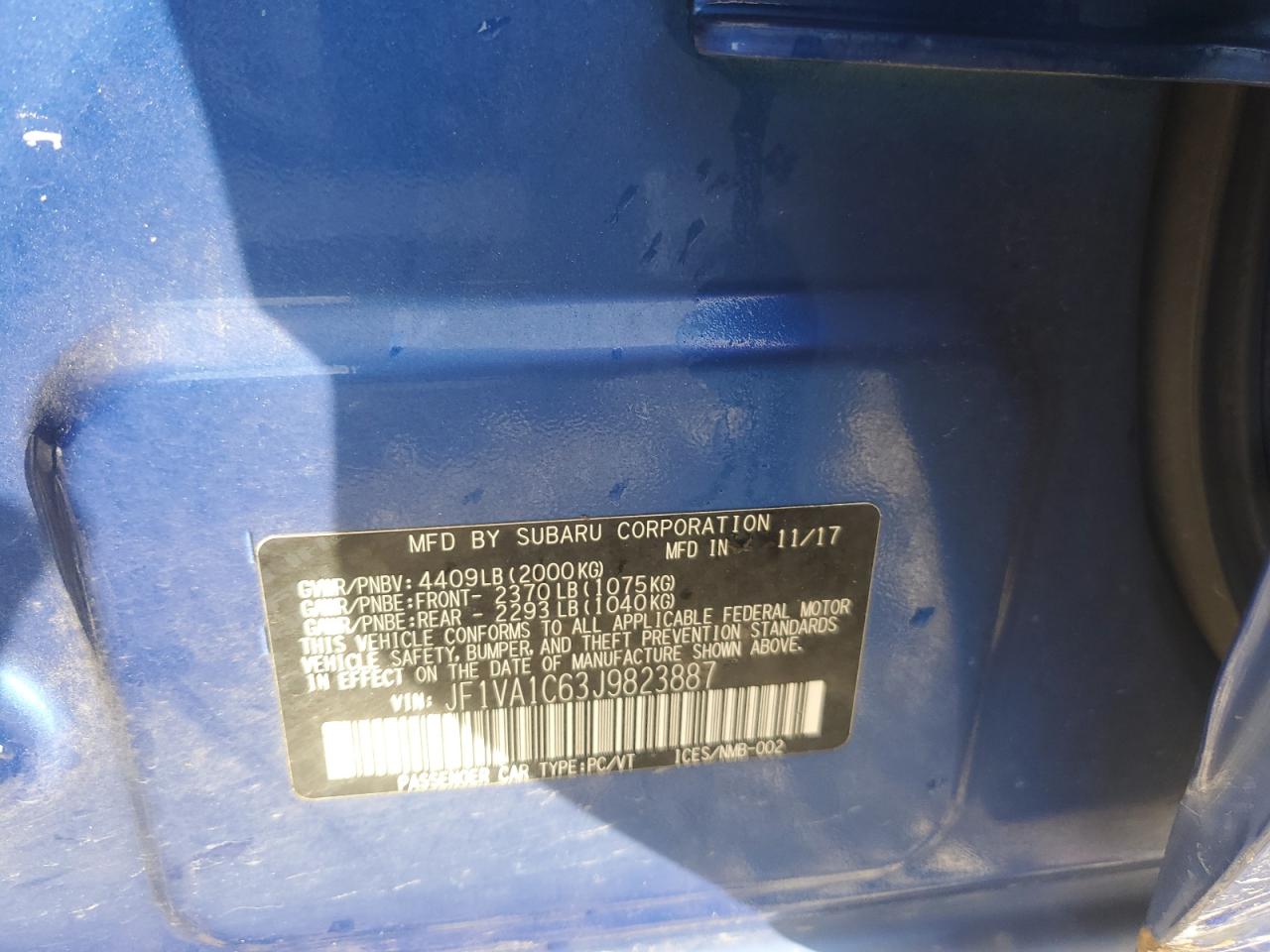 2018 Subaru Wrx Premium VIN: JF1VA1C63J9823887 Lot: 93406885