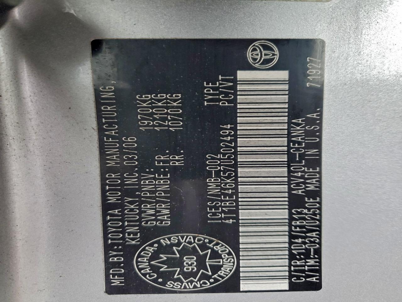 2007 Toyota Camry Ce VIN: 4T1BE46K57U502494 Lot: 94543595