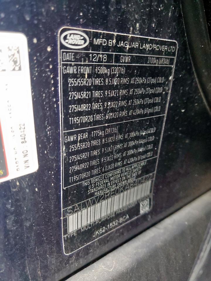 2019 Land Rover Range Rover Sport Supercharged Autobiography VIN: SALWV2RE0KA840422 Lot: 92986655