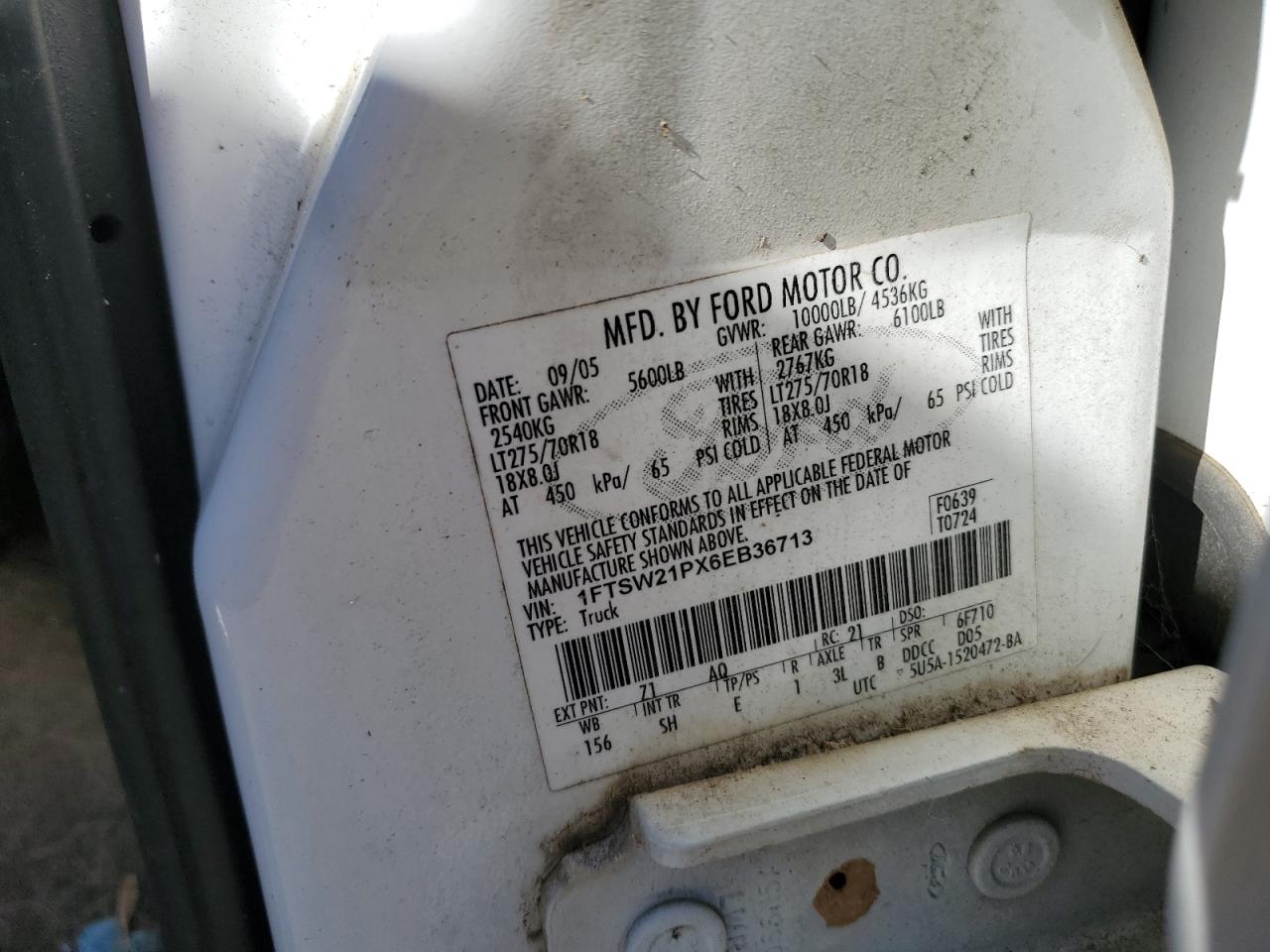 2006 Ford F250 Super Duty VIN: 1FTSW21PX6EB36713 Lot: 90916795