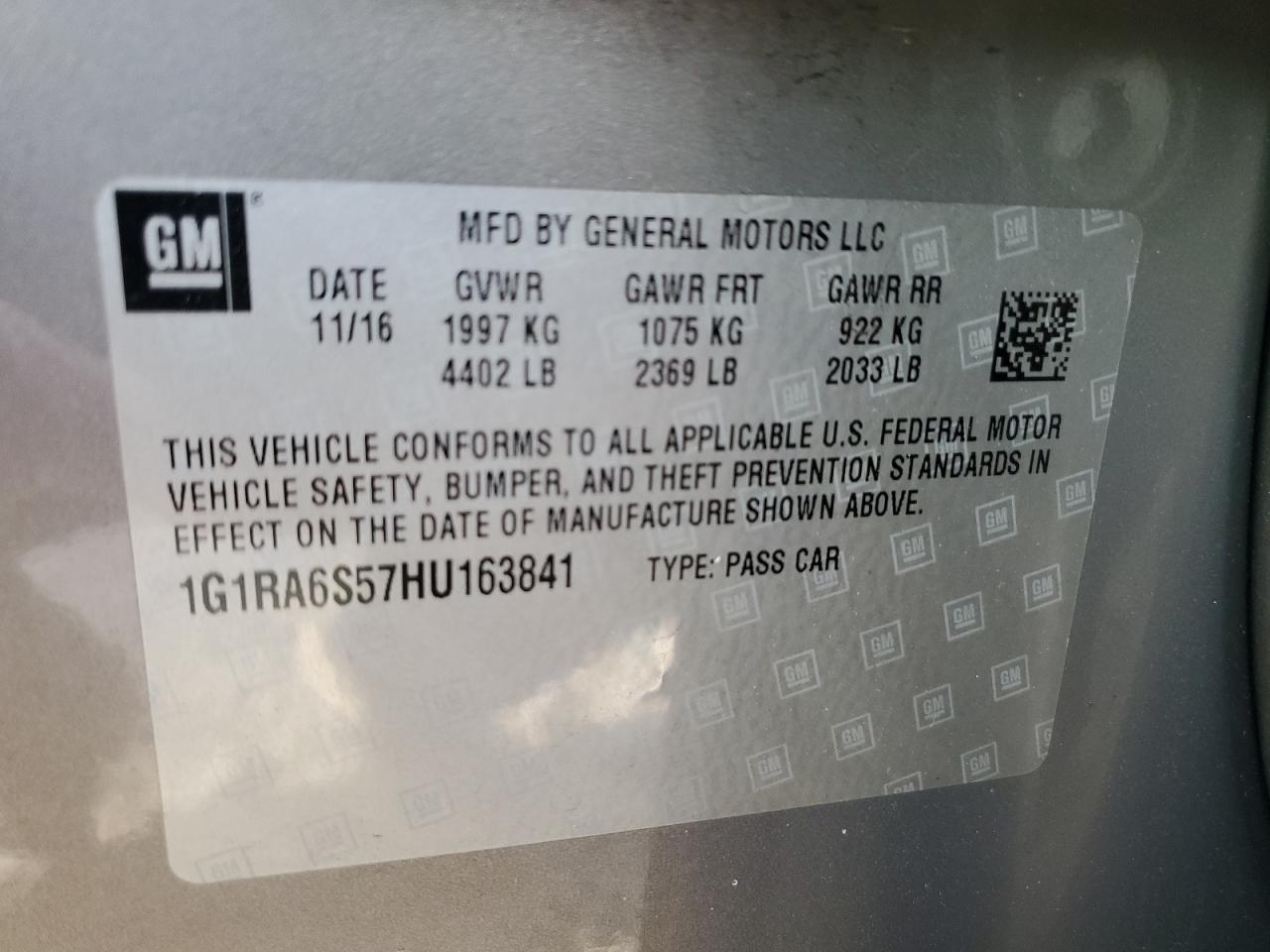 2017 Chevrolet Volt Lt VIN: 1G1RA6S57HU163841 Lot: 93244215