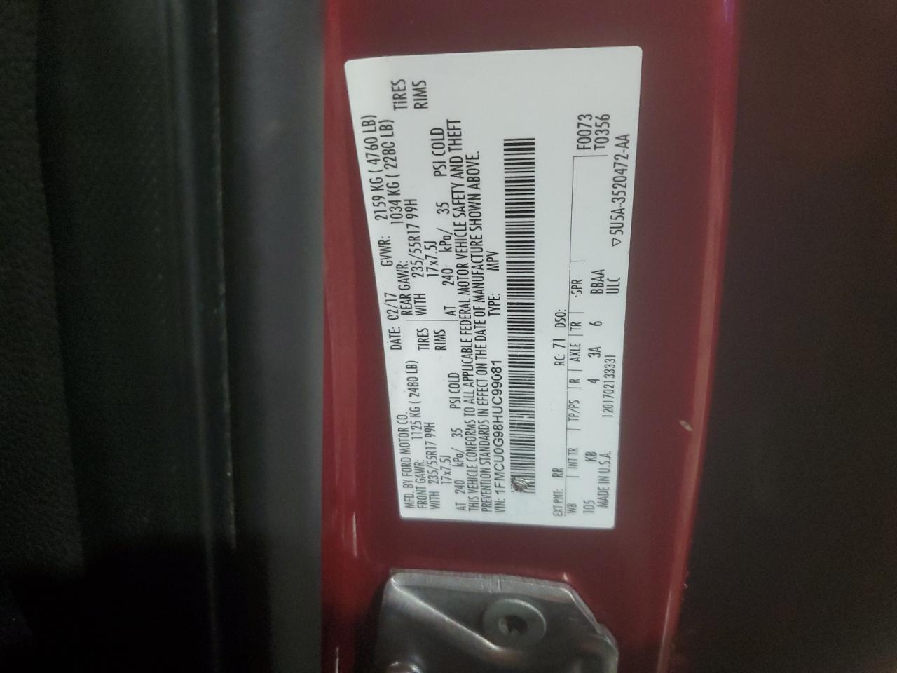 2017 Ford Escape Se VIN: 1FMCU0G98HUC99081 Lot: 92204295