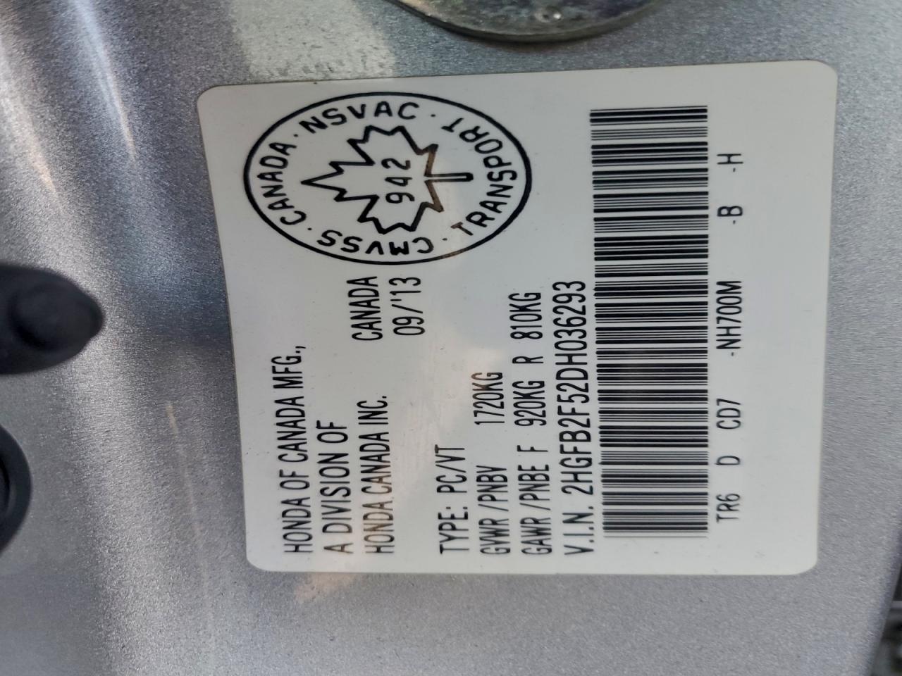 2013 Honda Civic Lx VIN: 2HGFB2F52DH036293 Lot: 93503035