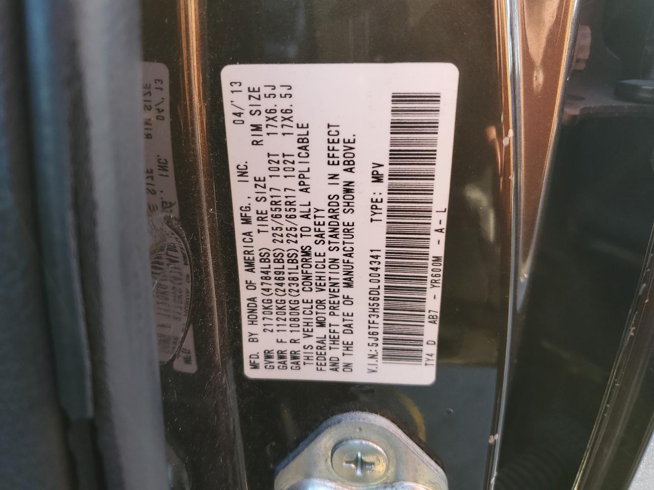 2013 Honda Crosstour Exl VIN: 5J6TF3H56DL004341 Lot: 89613495