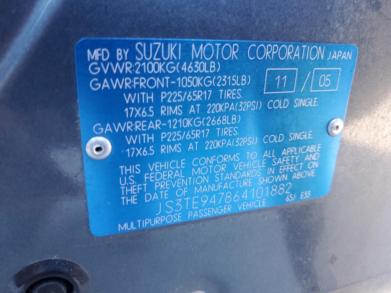 2006 Suzuki Grand Vitara Luxury VIN: JS3TE947864101882 Lot: 91781885