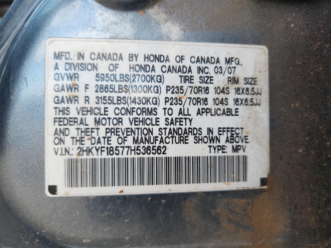 2007 Honda Pilot Exl VIN: 2HKYF18577H536562 Lot: 93149655