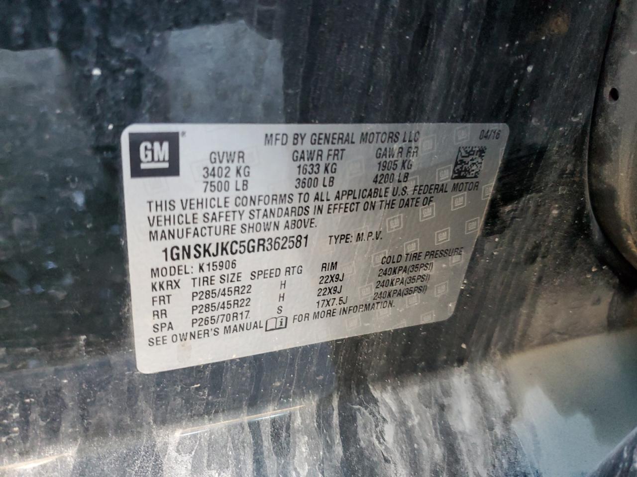 2016 Chevrolet Suburban K1500 Ltz VIN: 1GNSKJKC5GR362581 Lot: 92032445