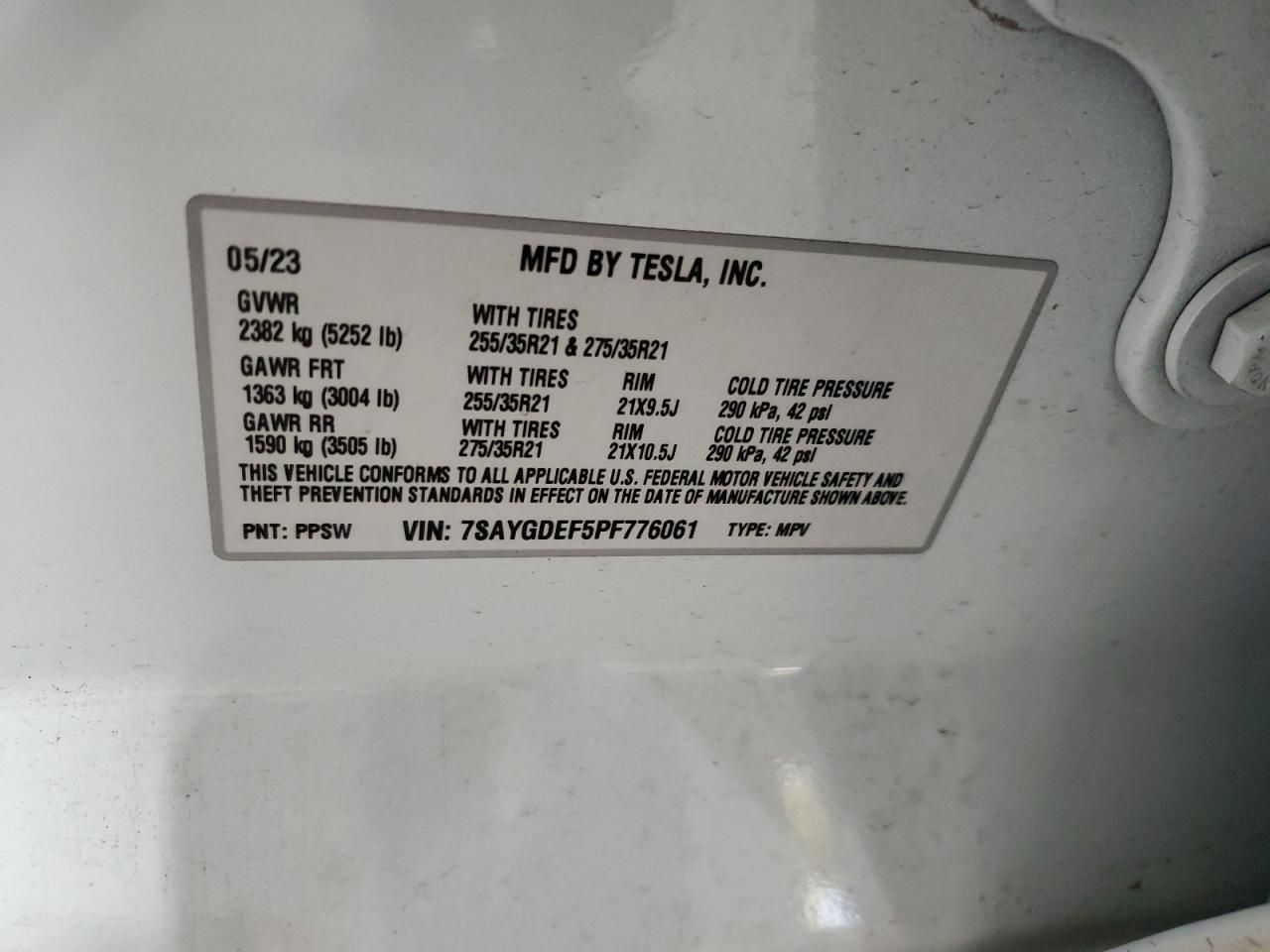 2023 Tesla Model Y VIN: 7SAYGDEF5PF776061 Lot: 91374555