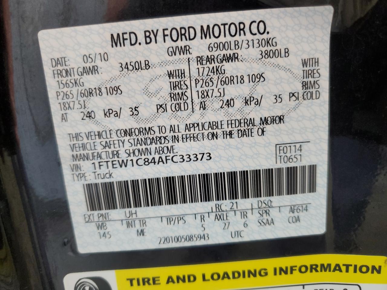 2010 Ford F150 Supercrew VIN: 1FTEW1C84AFC33373 Lot: 93309405