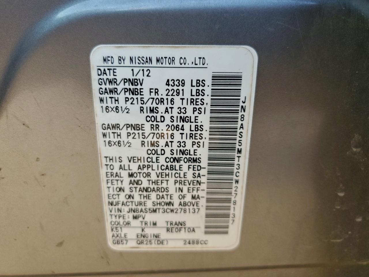 2012 Nissan Rogue S VIN: JN8AS5MT3CW278137 Lot: 94375345