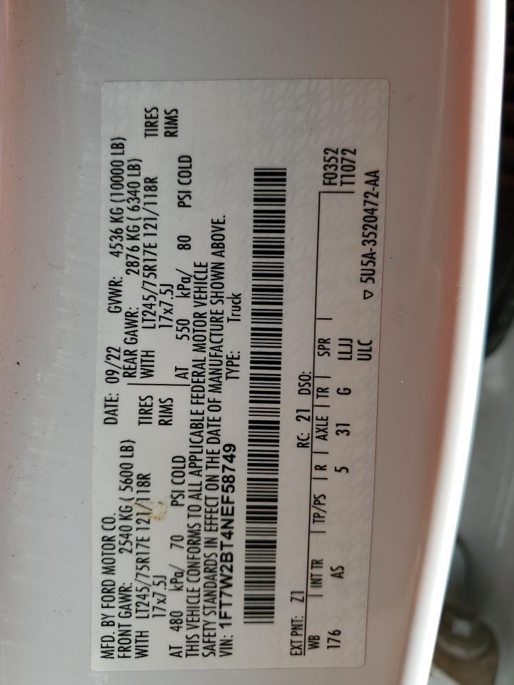 2022 Ford F250 Super Duty VIN: 1FT7W2BT4NEF58749 Lot: 92157405