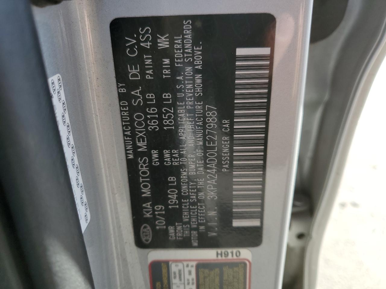 2020 Kia Rio Lx VIN: 3KPA24AD0LE279887 Lot: 86883795