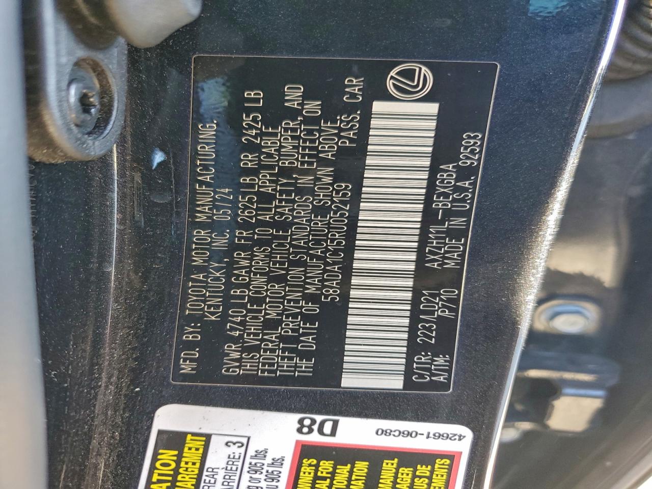 2024 Lexus Es 300H Base VIN: 58ADA1C15RU052159 Lot: 94793225