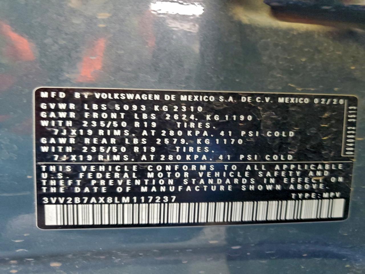 2020 Volkswagen Tiguan Se VIN: 3VV2B7AX8LM117237 Lot: 91621345