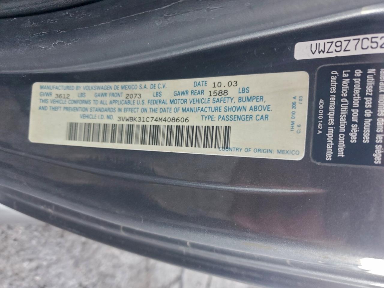 2004 Volkswagen New Beetle Gl VIN: 3VWBK31C74M408606 Lot: 94723285