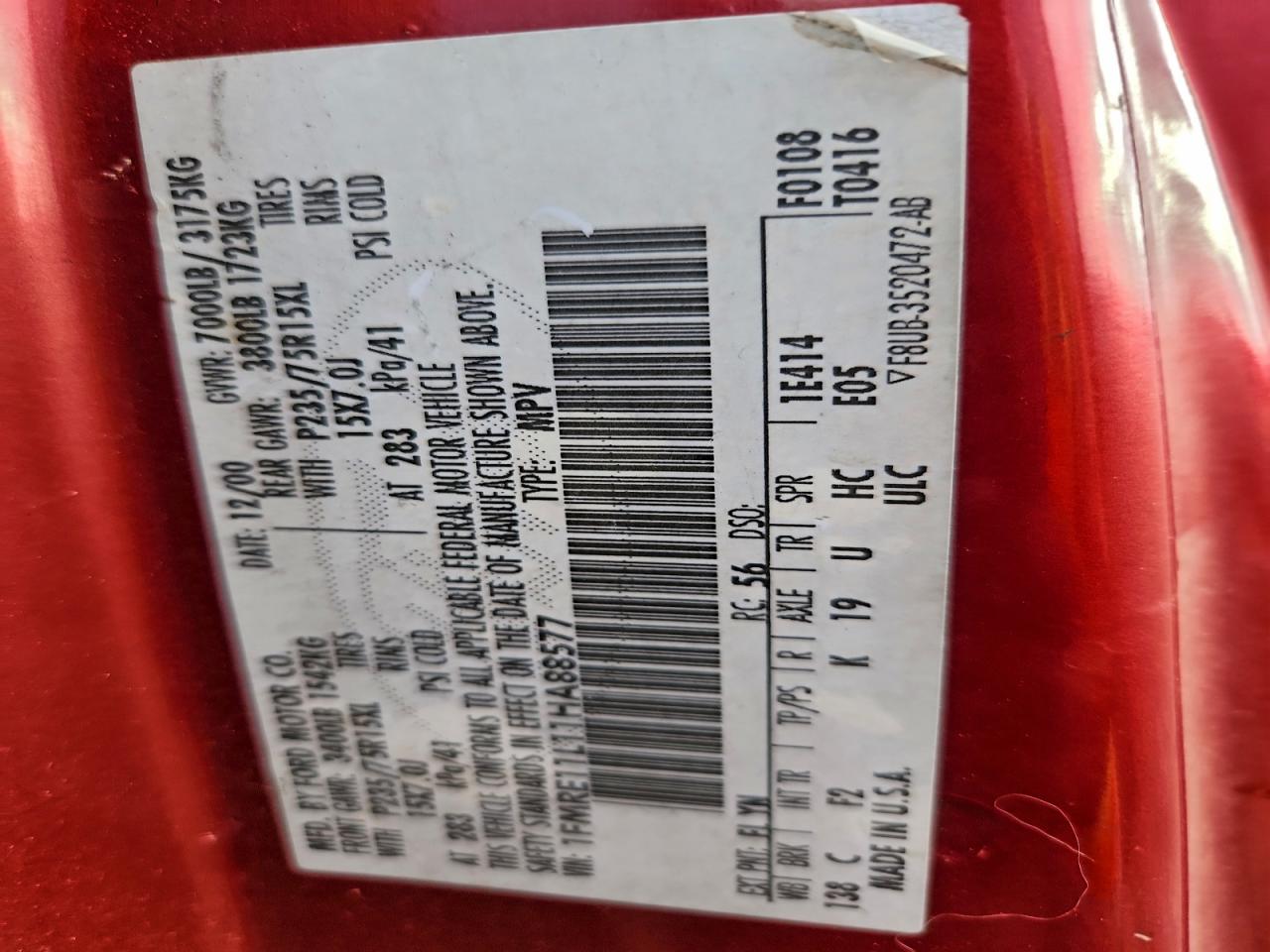 2001 Ford Econoline E150 Wagon VIN: 1FMRE11L11HA88577 Lot: 93730755