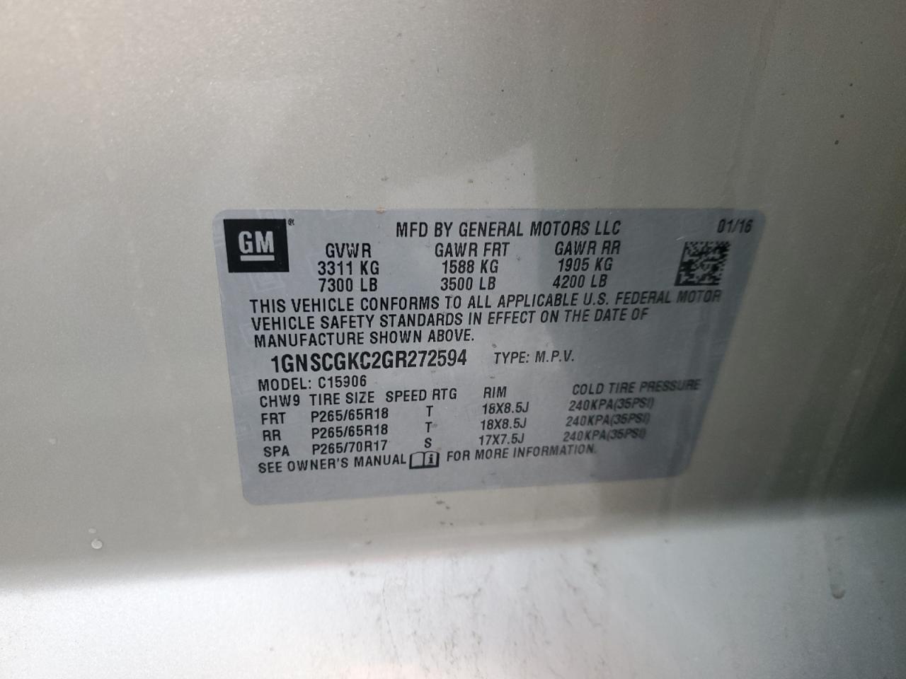 2016 Chevrolet Suburban C1500 Ls VIN: 1GNSCGKC2GR272594 Lot: 92822725