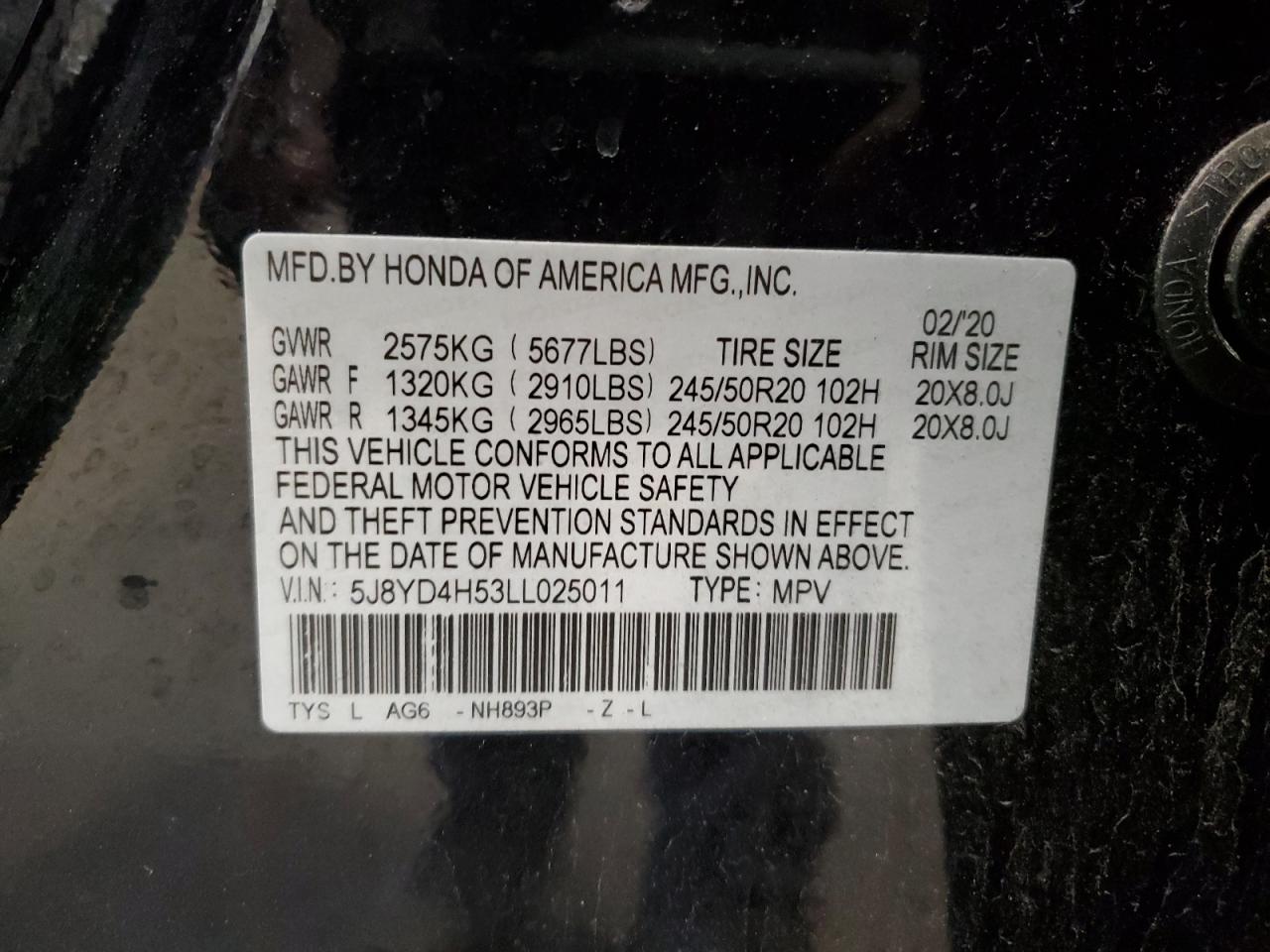 2020 Acura Mdx Technology VIN: 5J8YD4H53LL025011 Lot: 92301045