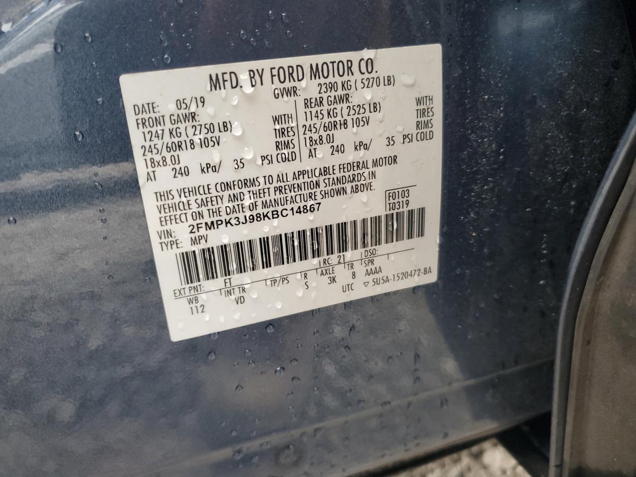 2019 Ford Edge Sel VIN: 2FMPK3J98KBC14867 Lot: 93442255