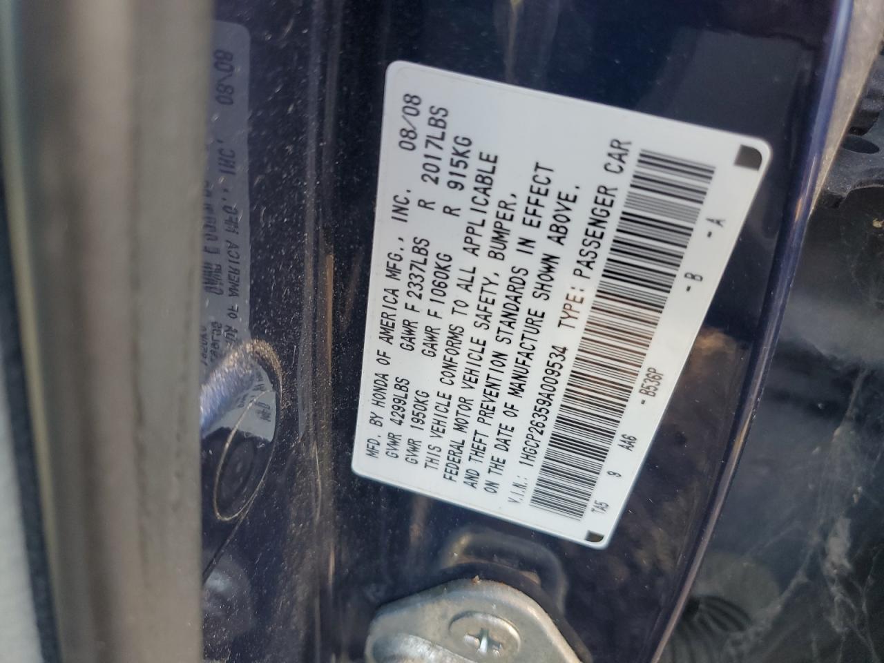 2009 Honda Accord Lx VIN: 1HGCP26359A009534 Lot: 93825275